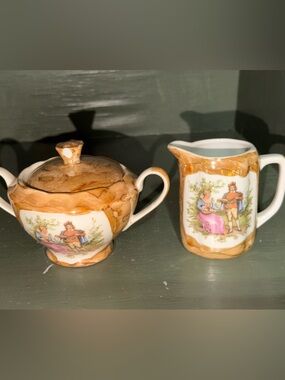 Vintage Bayreuth Creamer and Sugar bowl German Porcelain Teaware – Garden Scene